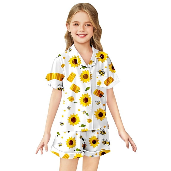 Kids Girl Silk Pajamas Set Cute Print Button Down Solid Tops T Shirt Set Casual Pajamas Set Silk Christmas Pajamas 4-5 Years Kids Clothes