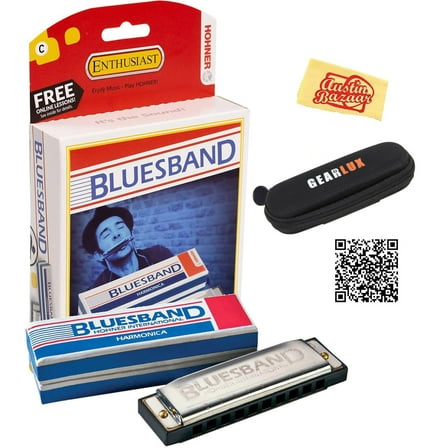 Hohner Blues Band Harmonica - Key of C Bundle with Case, Pouch, Online Manual, and Austin Bazaar Polishing Cloth