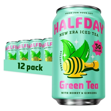 Halfday Green Tea, Prebiotic Iced Tea, 12oz Cans (12-Pack)