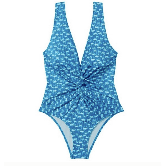 New VICTORIA'S SECRET SWIM Twist Plunge One-Piece Swimsuit Blue Palm Large