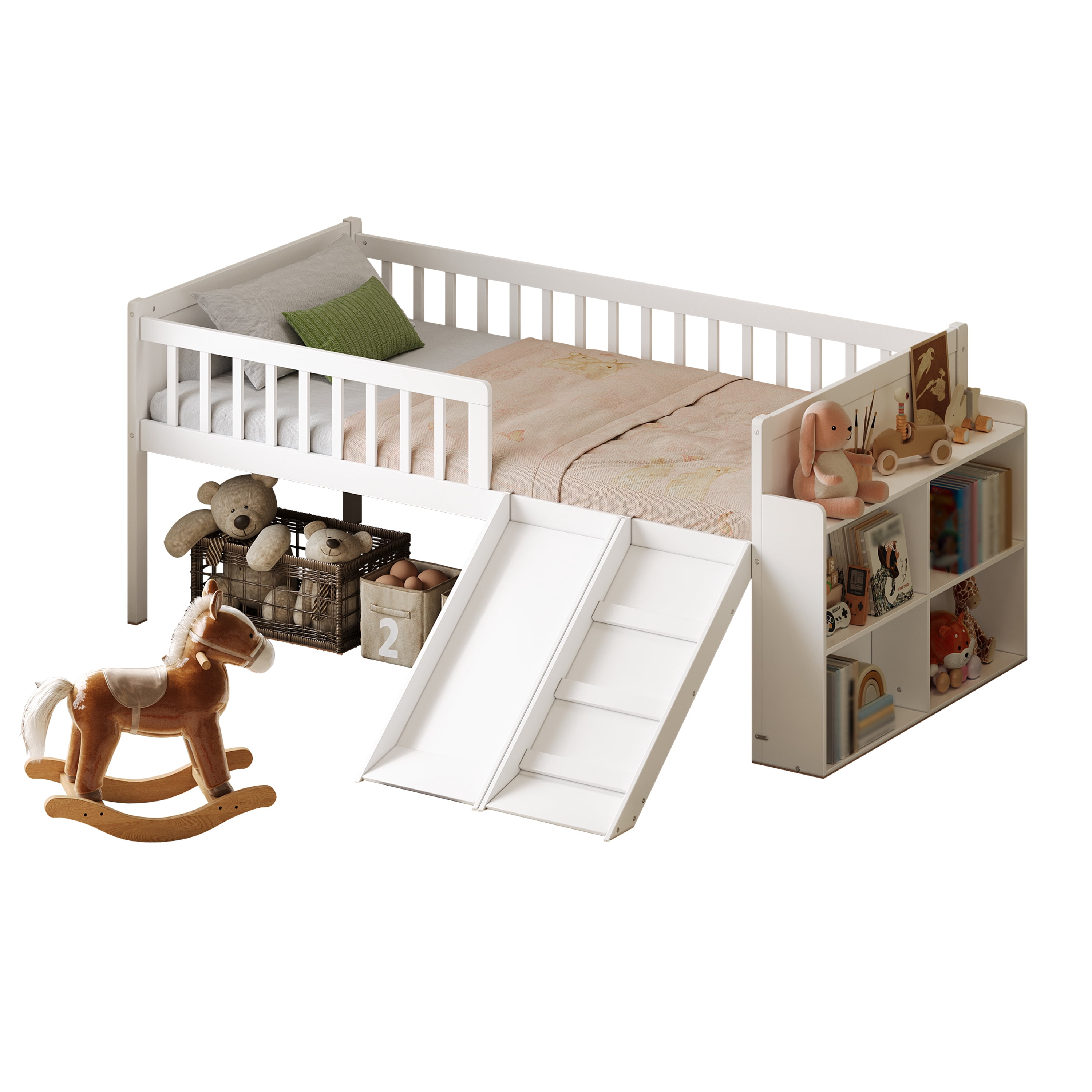 Euroco Wood Twin Size Loft Bed with Slide, Storage Bed with Guardrail ans Shelves, White