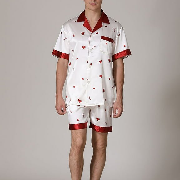 Hvyesh Pajamas Set for Men Short Sleeve Shorts Night Suit Lightweight Silk Loungwear 2 Piece Pjs Set Casual Love Heart Print Pjs Set