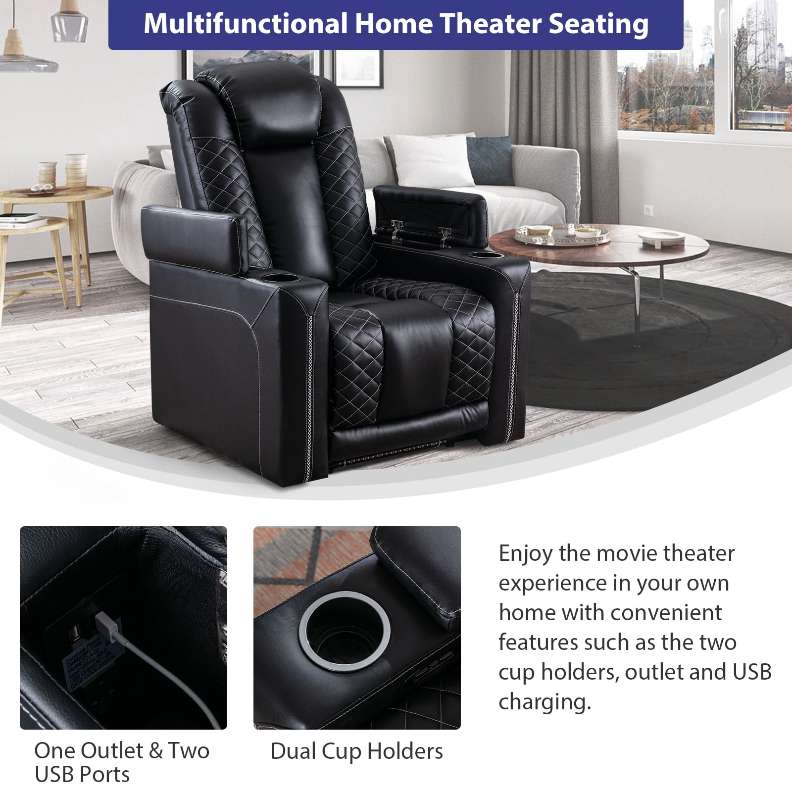 Ebello 35" Wide Adult Man Cave Breathable Leather Argyle Home Theater Individual Seat Recliner Chair with Armrest Storage and LED, Black