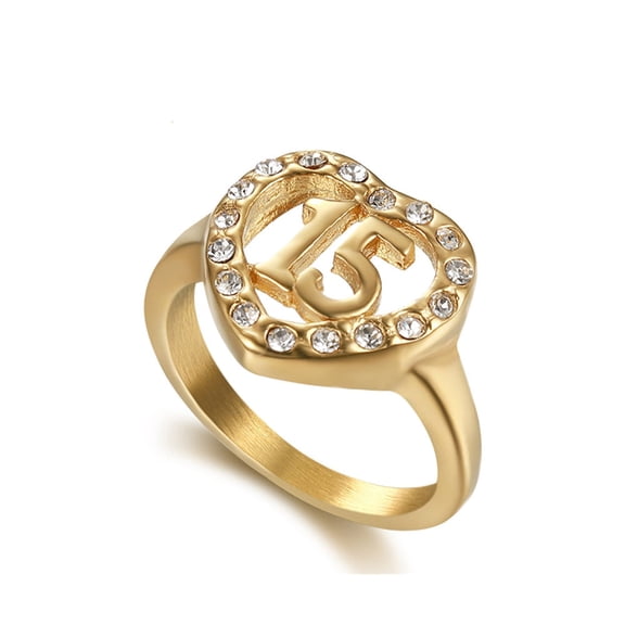 Womens Love Heart Ring Number 15 Gold Titanium Steel Ring Heart Shaped Ring for Women Anniversary Gift Number Ring Fashion Jewelry