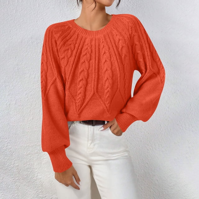 Chandails en Tricot Torsadé pour Femmes Col Rond Manches Longues Chandail Tricoté Épais Mode Chandail d'Automne Orange m