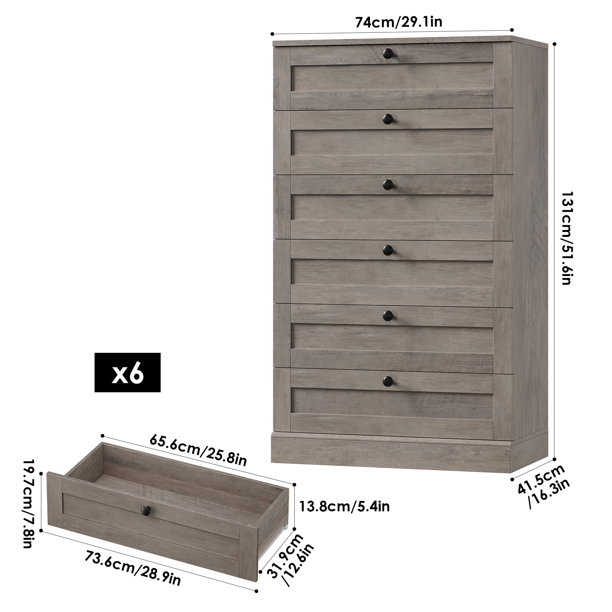 Homfa Dresser for Bedroom with 6 Drawers, Modern Wood Dresser Chest of Drawers for Living Room, Entryway, Hallway, Gray