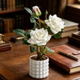 thumbnail image 5 of Artificial Potted Rose Bonsai Lifelike Silk Flowers Faux Plant for Home Decor Maintenance Free Plastic Flowers Realistic, White, Ccwuwei, 5 of 6