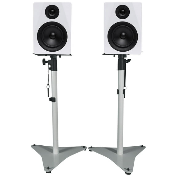 Pair of Rockville DPM5W 5.25 inch Powered Studio Monitor Speakers and White Adjustable Stands