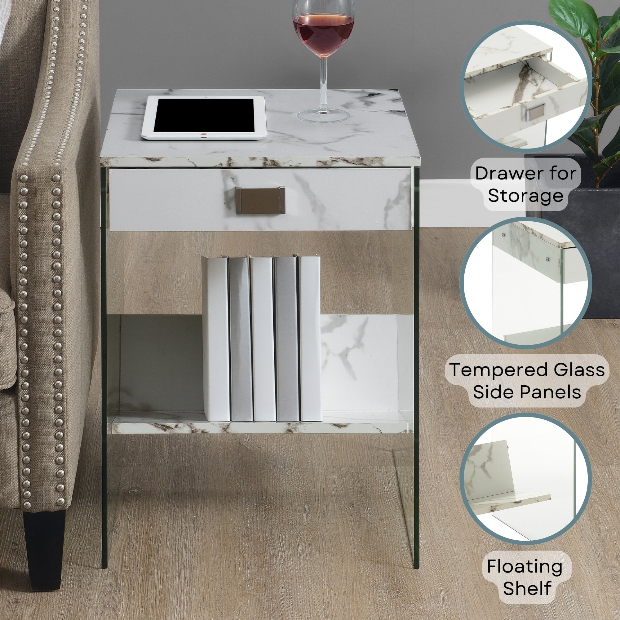 Convenience Concepts SoHo 1 Drawer End Table with Shelf, White Faux Marble