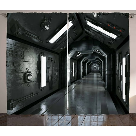 Outer Space Decor Curtains 2 Panels Set Dark Futuristic Corridor Of Spaceship Adventure Technology Sci Fi Art Prints Window Drapes For Living Room