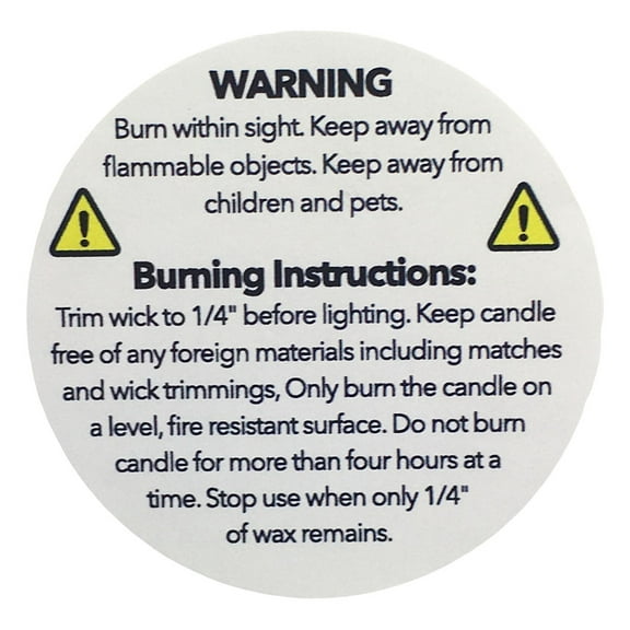 Candle Warning Burning Instruction Labels | 1.5" Inch Round | 500 Pack