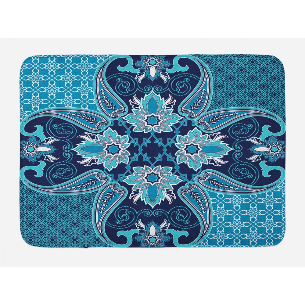 Navy Blue Bath Mat, Floral Paisley Design Bohemian Style Vintage Flower