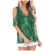 Cute Tops for Women Fashion Casual Short Sleeve Lace Up V-Neck Loose Print Tie Dyed Top Green M
