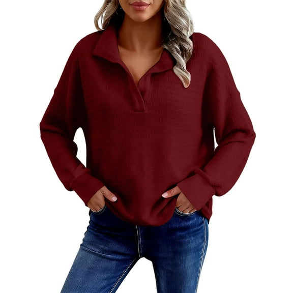 UQjfacai Womens Long Sleeve Shirts V-Neck Waffle Knit Collared Pullover Sweaters Fall Casual Loose Tunic Tops Fashion Winter Clothes
