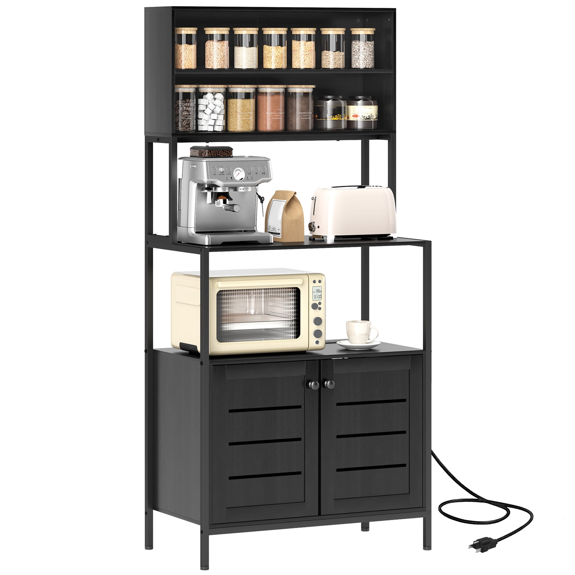 HOMCOM Baker's Rack with Power Outlet, Coffee Bar Cabinet with Storage Shelves, Microwave Stand with Louvred Door Cabinets, Black