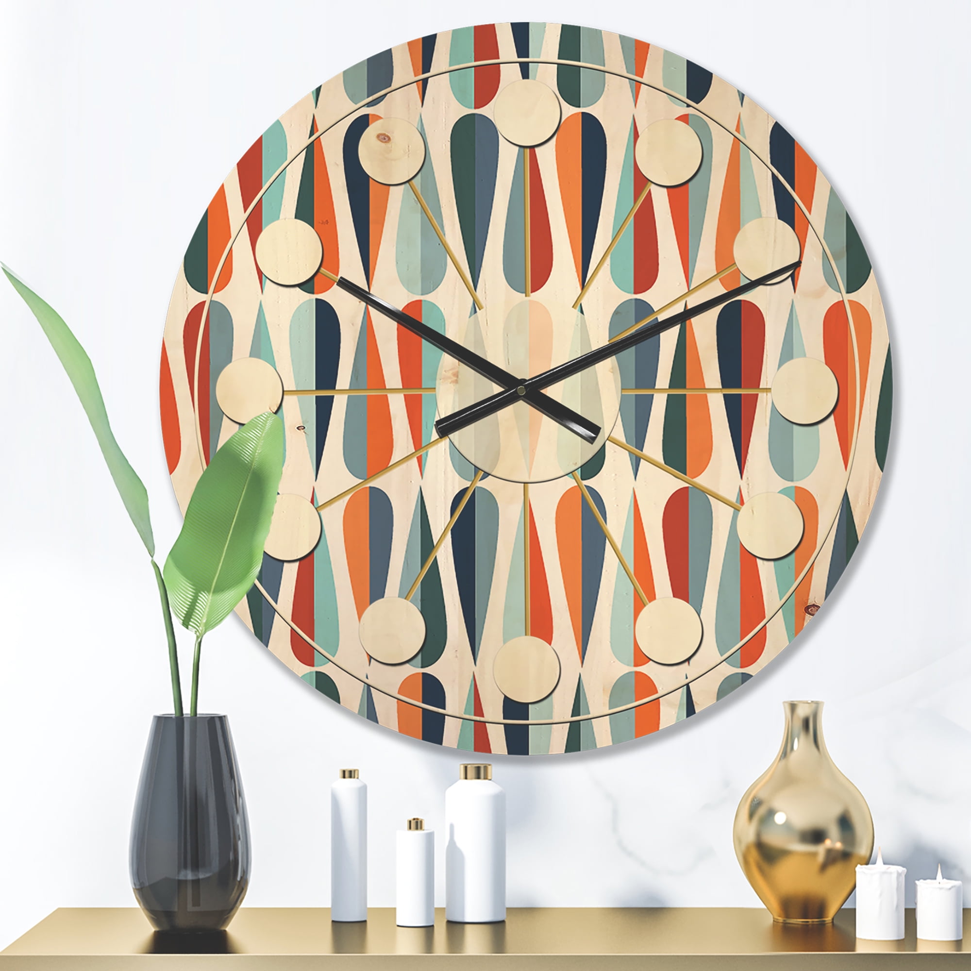 Designart 'Abstract Retro Drops V' Mid-Century Modern Wood Wall Clock