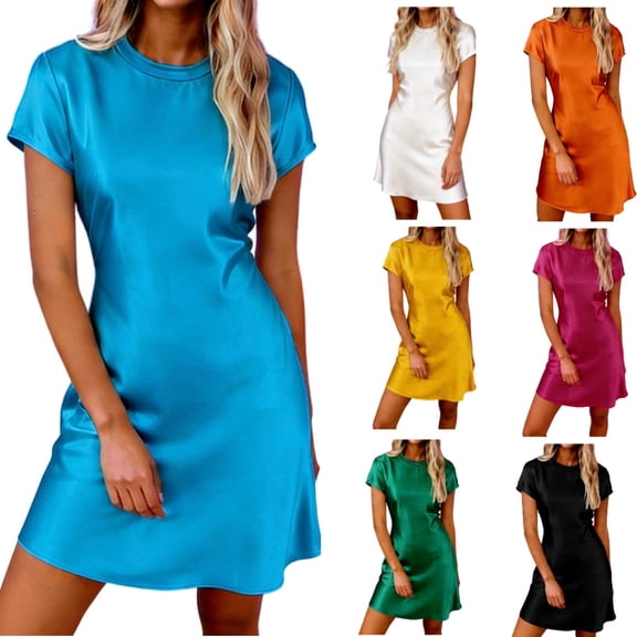 Babcutegg Women’s Casual Linen Dress – Loose Fit Multi-Color Round Neck Summer Dress Orange Size S