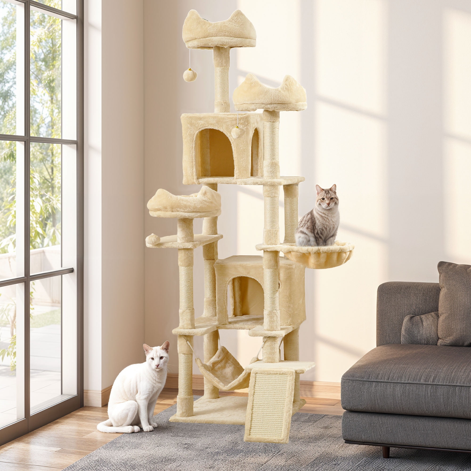 Uforic 75" Tall Cat Tree, Multi-Level Cat Tower with Condos, Hammocks, Scratching Posts, Beige