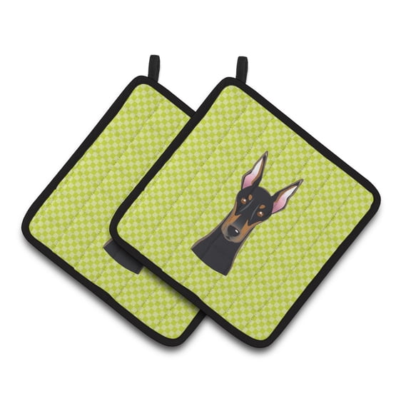 Checkerboard Lime Green Doberman Pair of Pot Holders