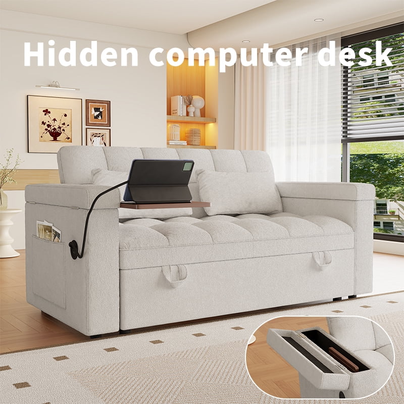 avobird 65'' 3 in 1 Convertible Sleeper Sofa Bed, Pullout Sleeper Sofa with Hidden Side Table/Charging port/Hidden Storage, Modern Futon Sofa for Apartments, Off white