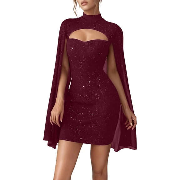 Yuanlong Womens Glitter Cape Dresses Semi Turtleneck Hollow-Out 1/4 Sleeve Dress For Valentine Glam Dates Fashionable Gown