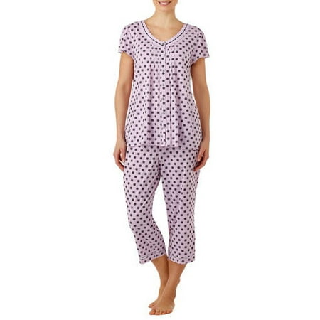 Women's and Women's Plus Traditional Pajama Short Sleeve V-Neck Top and Capri Pant 2 Piece Sleepwear Set