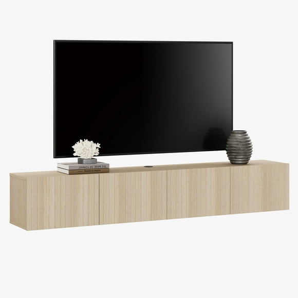 WAMPAT Floating TV Shelf Wood Media Entertainment Center,Wall Mounted Shelf with 3 Fluted Doors for TVs up to 80" for Living Room, Bedroom, Light Oak