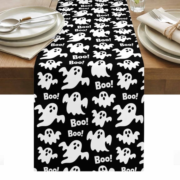 Halloween Ghosts Table Runner - 108 Inch Long, Kitchen Dining Table Runner Dresser Scarves, Fall Horror Spooky Textured Black Farmhouse Decor for Coffee Tables Wedding Party Banquet