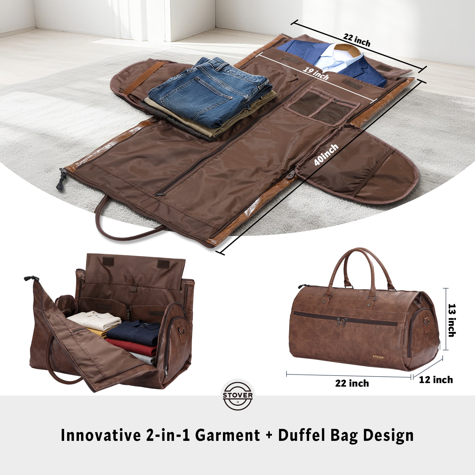 STOVER Garment Travel Duffle Bag, Large 2-in-1 Convertible Carry-on Luggage (Brown Leatherette)