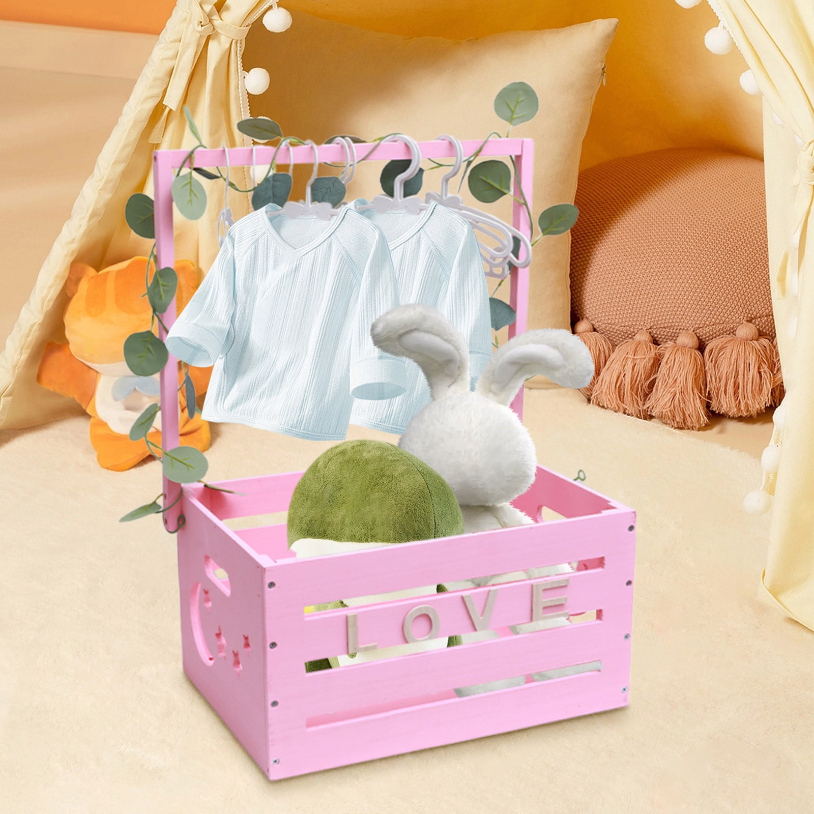Wooden Baby Basket with Handle, Large Capacity Practical Wooden Box for Baby Shower Gifts, Kids Toy Storage and Laundry Organizer for Nursery and Home