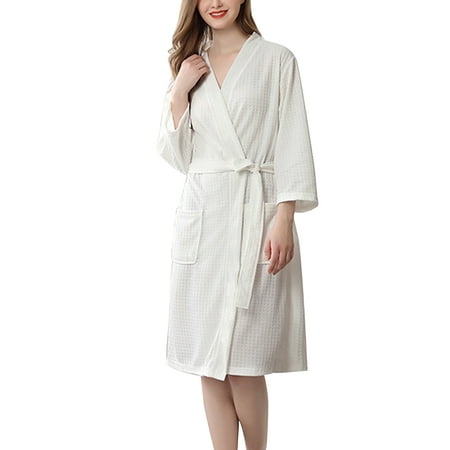 

Women Water Absorption Bath Robe Solid Waffle Bathrobe Spa Home Dress Nightgown