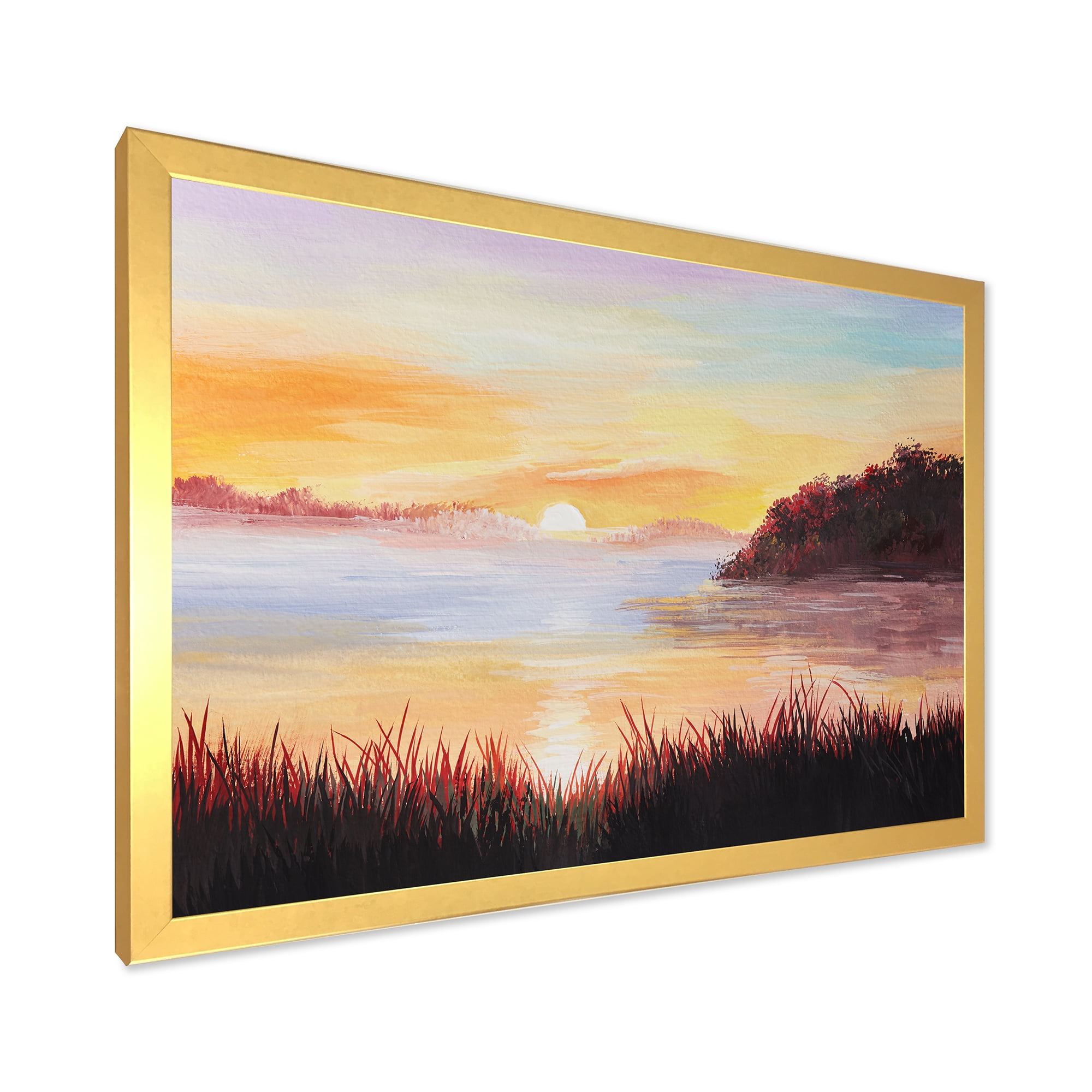 Designart 'The Reeds On The Lake In Evening Glow' Nautical & Coastal Framed Art Print