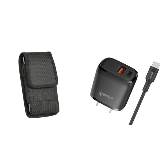 Holster and Wall Charger Bundle for TCL 30 LE: Vertical Nylon Belt Pouch Case (Black) and 38W Dual Port (Power Delivery PD Type-C and USB-A) Power Adapter