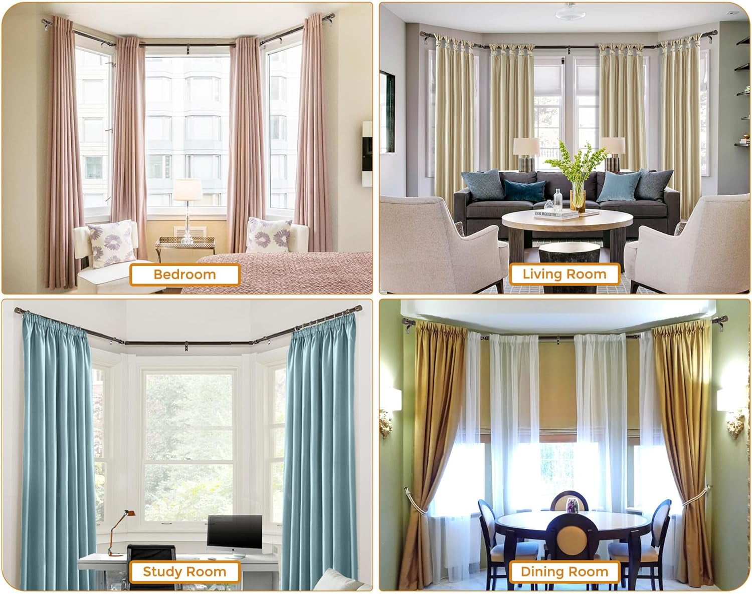 Bay Window Curtain Rods, 1 Inch Heavy Duty Curtain Rods for Bay Windows 36-72 Inch(Center Rod), 20-36 Inch Side Rods for Windows, Antique Bronze, Decorative Drapery Rods with End Cap Finials