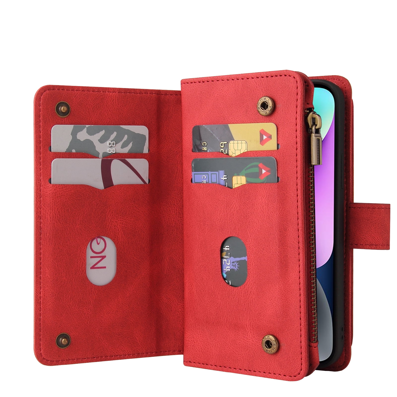 Wallet Case for iPhone 15, Magnetic Zipper Pouch Premium PU Leather with Kickstand Wallet Flip Shockproof Phone Case Wrist Strap Card Slots Holder Pocket iPhone 15,
Red