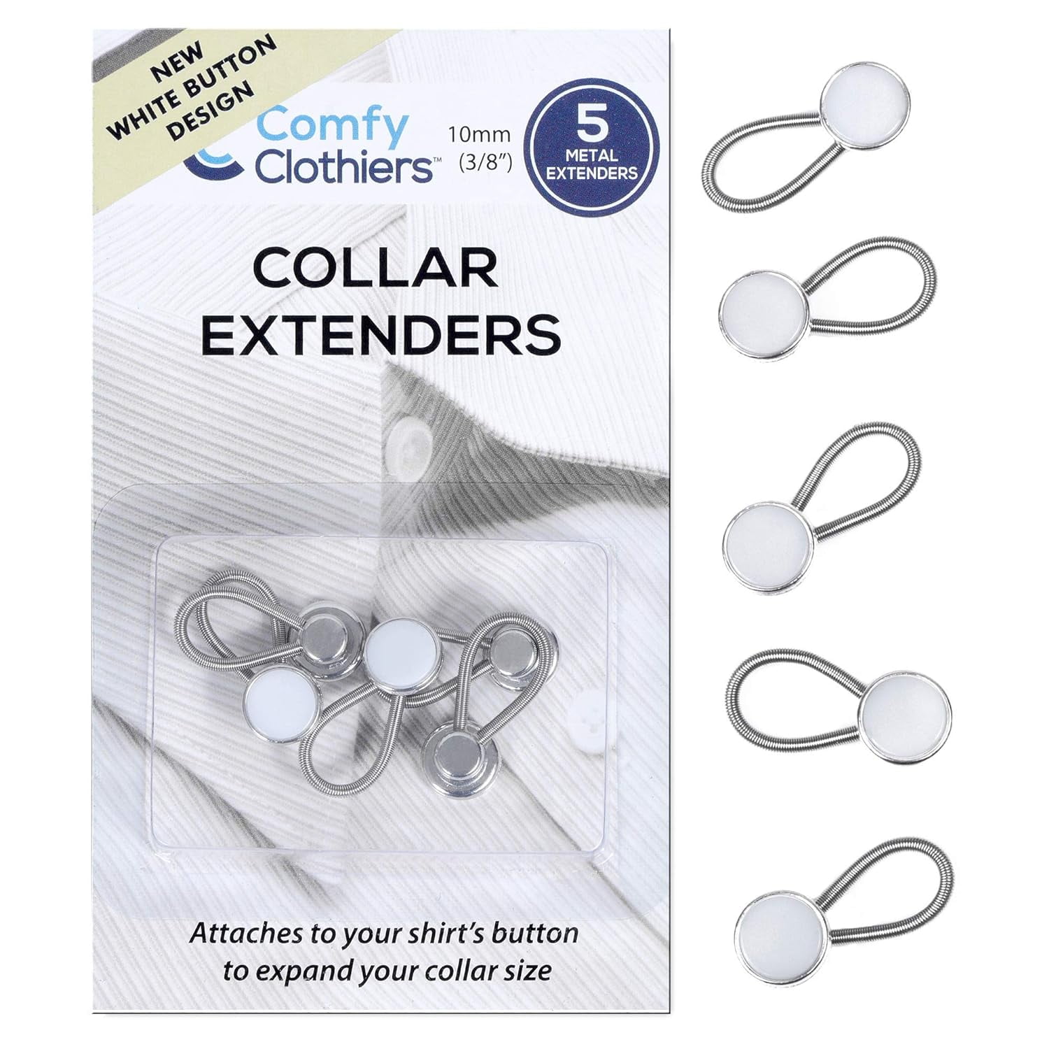 Comfy Clothiers 5-Pack White Collar Extenders - Dress Shirt Button Extender