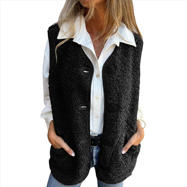 Chalecos de Forro con Cuello en V para Mujer, Chaquetas de Felpa con Botones, Sin Mangas, con Bolsillos. Negro L