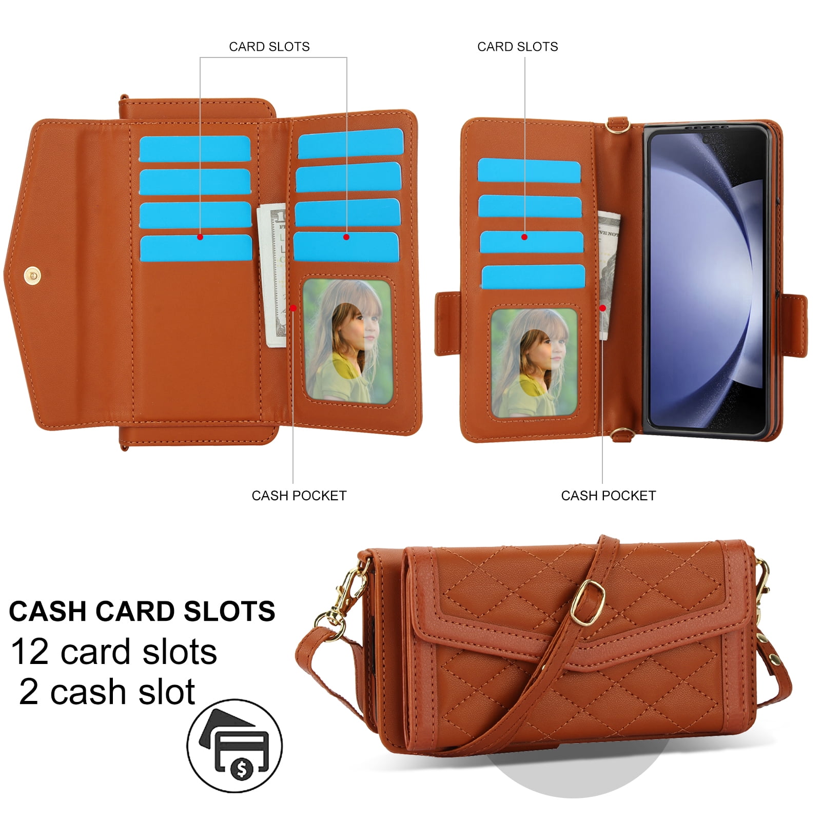 Dteck for Samsung Galaxy Z Fold 6 Wallet Case with S Pen Holder for Women, Crossbody Wallet Z Fold 6 Phone Case with 12-Card Slots, PU Leather Flip Case with Strap Wristlet & Shoulder Strap,Brown
