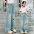thumbnail image 6 of oqasdz Girls Pants Heart Embroidered Wide Leg Straight Denim Trousers Comfortable Elastic Waist for Spring Summer Size 8 Y-9 Y, 6 of 6