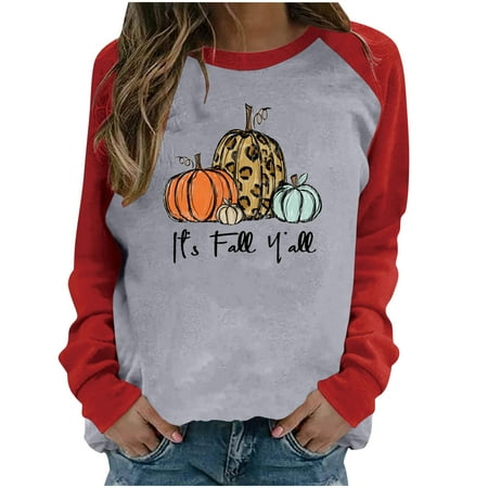Yyeselk It s Fall Yall Womens Sweatshirts Loose Fit Fall Clothes 2023 Fashion Letter and Pumpkin Print Tops Casual Round Neck Shirt Long Sleeves Blouse Gray L