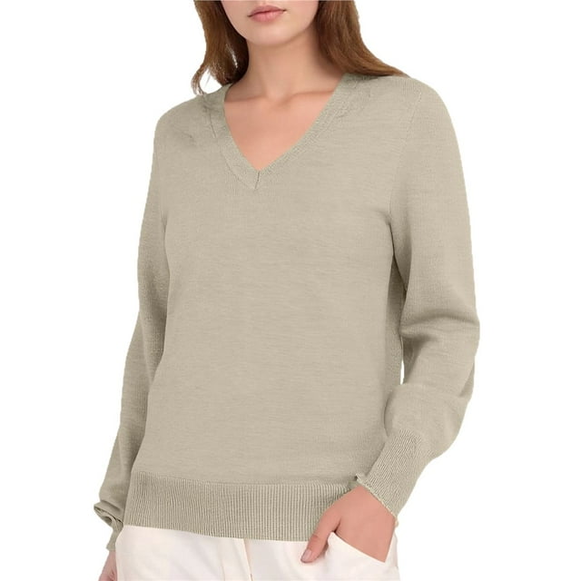 Suéter de Larga con Cuello en V para Mujer, Estilo Casual Clásico de Otoño, Suave y Holgado, Básico, Tipo Jersey Albaricoque Gris XXL