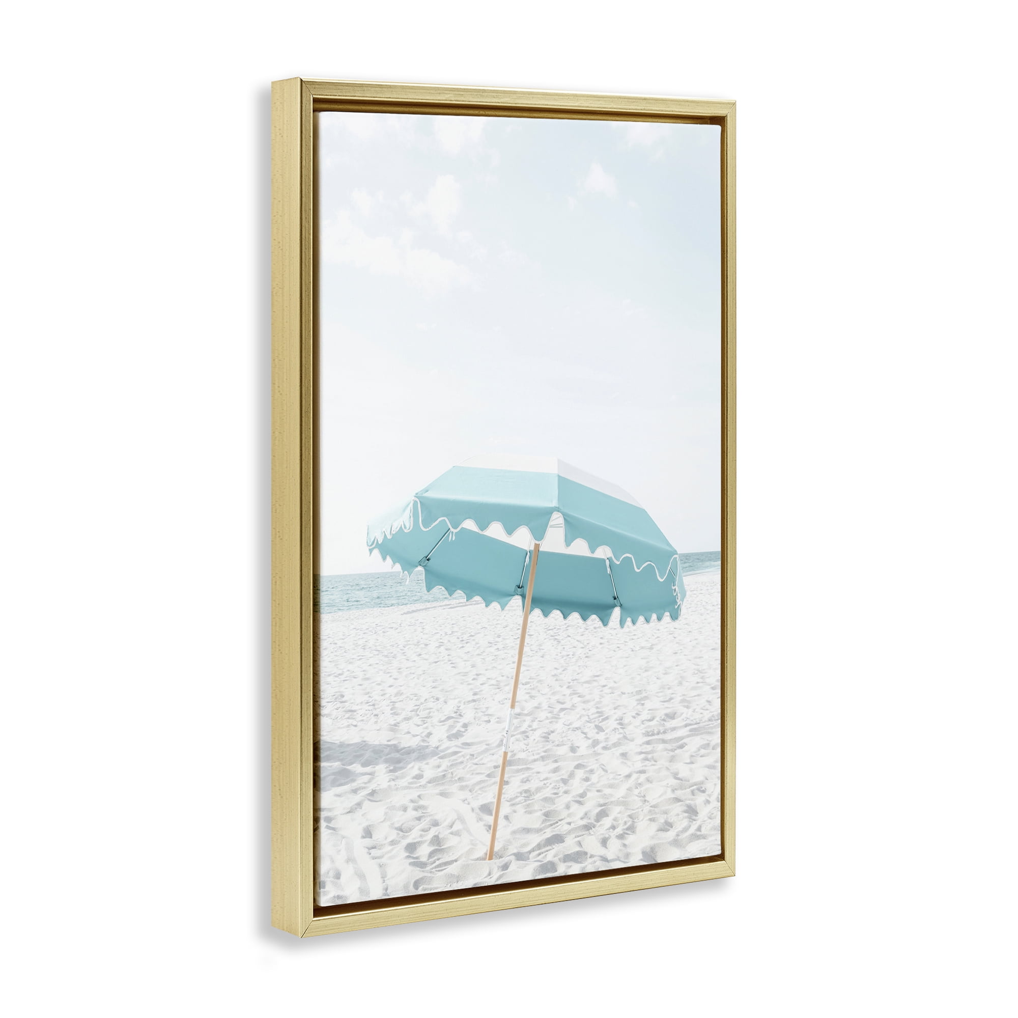 Stupell Industries Lone Blue Beach Umbrella Nautical & Beach Photography Gold Floater Framed Canvas Art Print Wall Art, 21 x 31