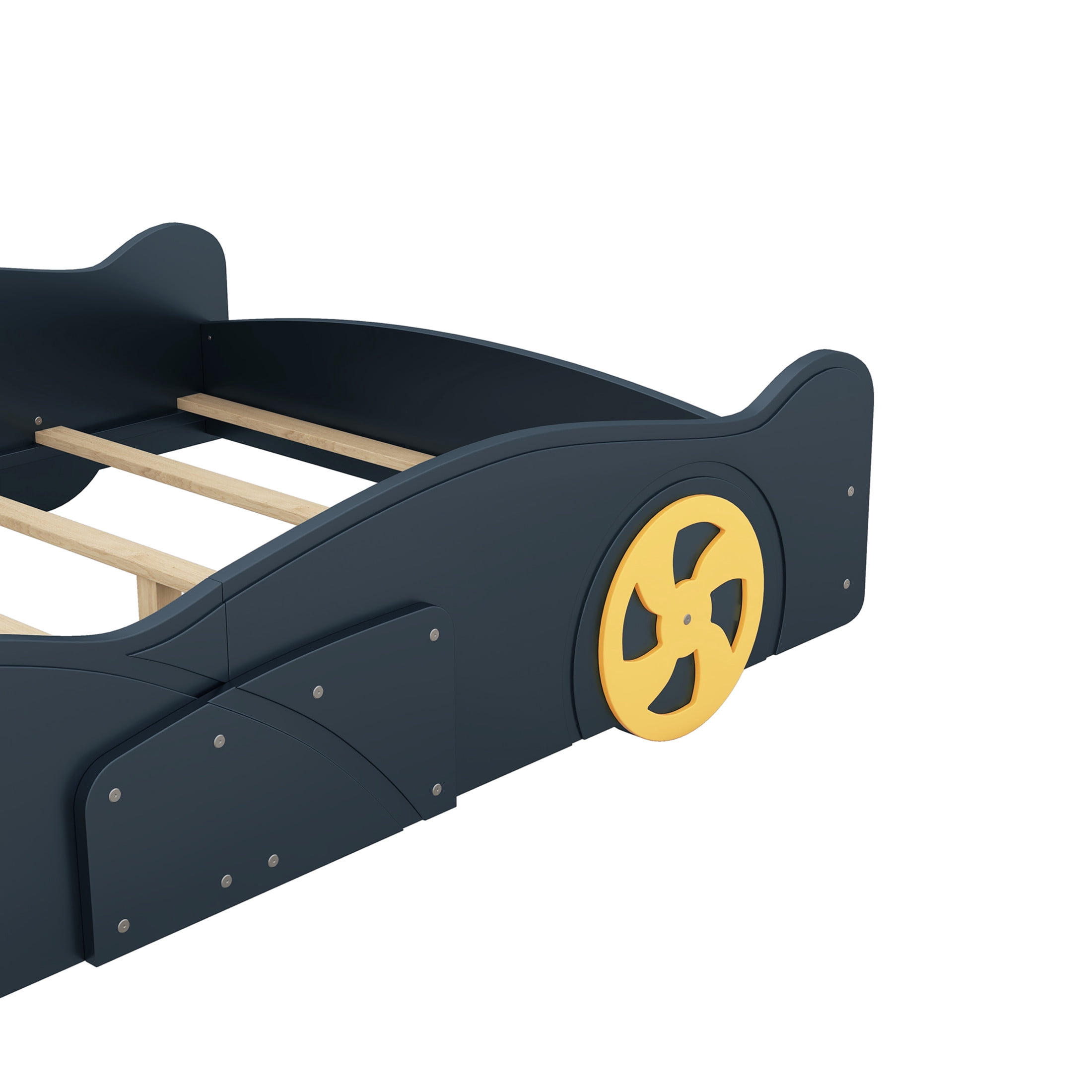 Noble House Full Size Race Car-Shaped Platform Bed with Front Storage, Pine Wood Frame, Dark Blue & Yellow