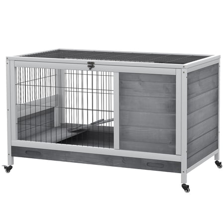Indoor Rabbit Enclosure, Wooden Elevated Cage Habitat with Enclosed Run with Wheels - Ideal for Rabbits and Guinea Pigs
