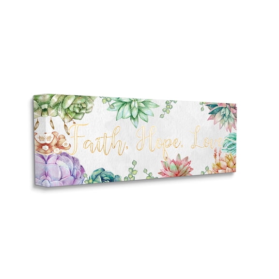 Stupell Industries Faith Hope Love Mantra Expressive Succulent Florals Botanical & Floral Painting Gallery Wrapped Canvas Art Print Wall Art, 20 x 48