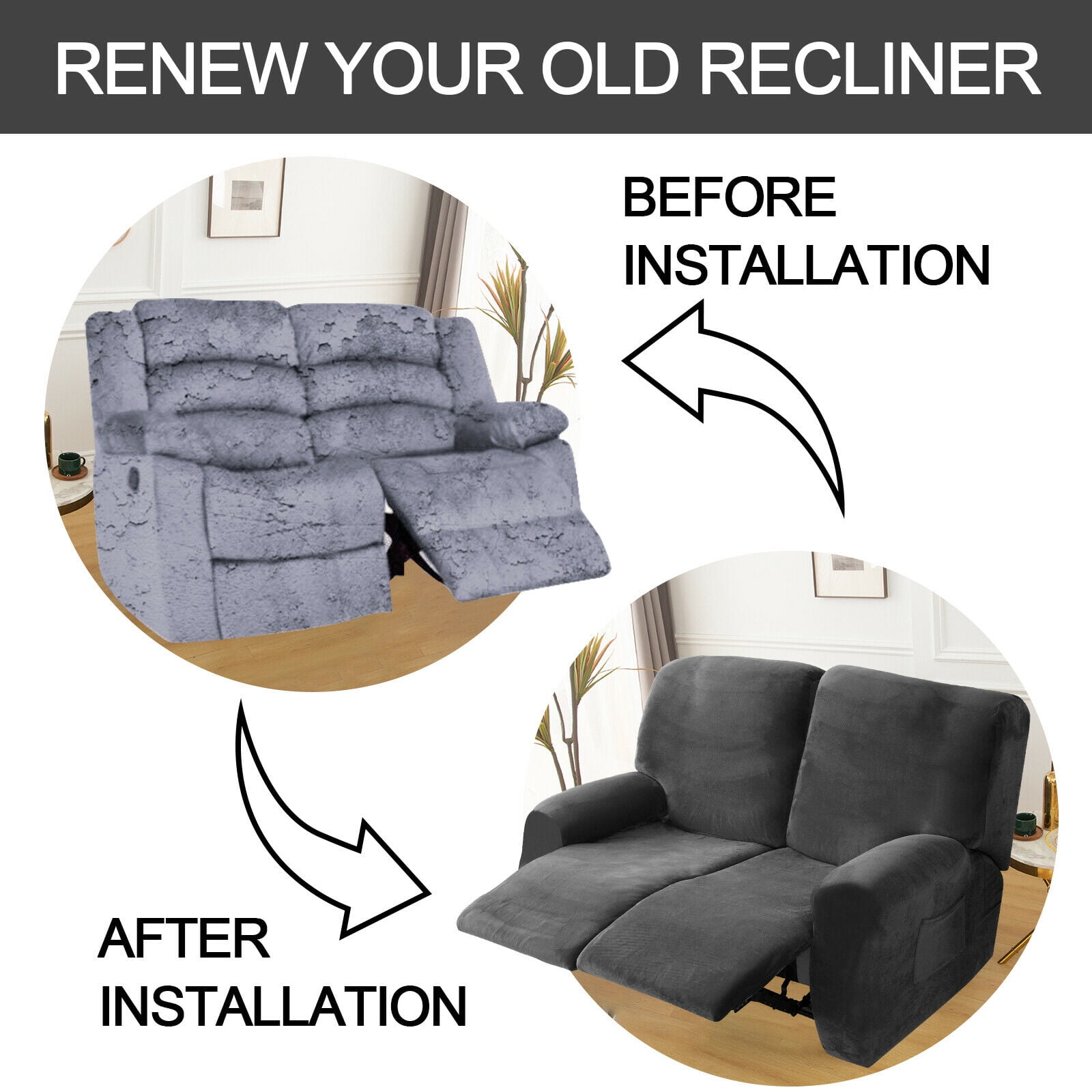 SHANNA Reclining Love Seat Slipcover, 2-Seater 6-Piece Velvet Stretch Loveseat Reclining Sofa Covers, Dark Gray