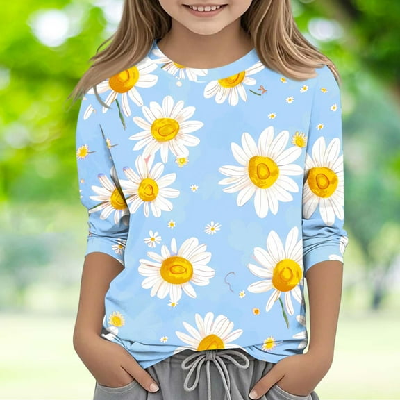 Graphic Tees Girls 3/4 Sleeve Floral Tops Trendy Casual Cute Crewneck T Shirts Toddler Girl Clothes Y2K Fall Fashion Tees Workout Gym Outfits, Size 3-12
