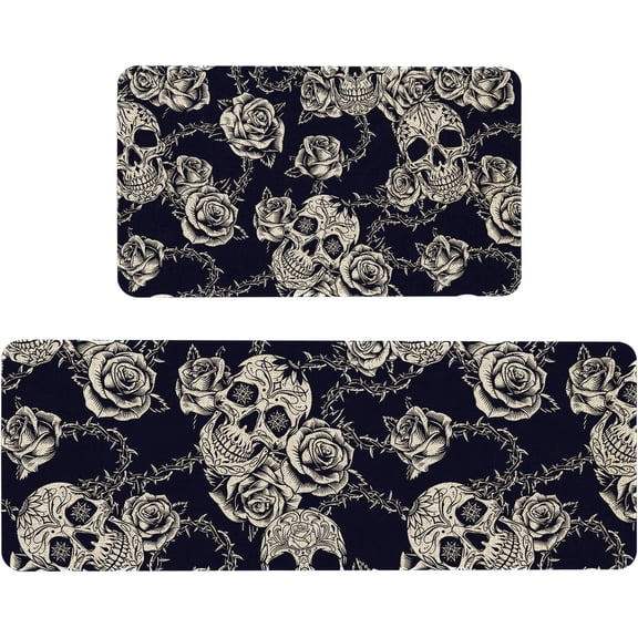 Halloween Skull Kitchen Mat Sets of 2 Floral Skull Rubber Non Slip Kitchen Rugs Set Floor Mats Washable Carpet Mat Comfort Standing Mat Kitchen Decor Decoration- 17x30 and 17x47 Inch