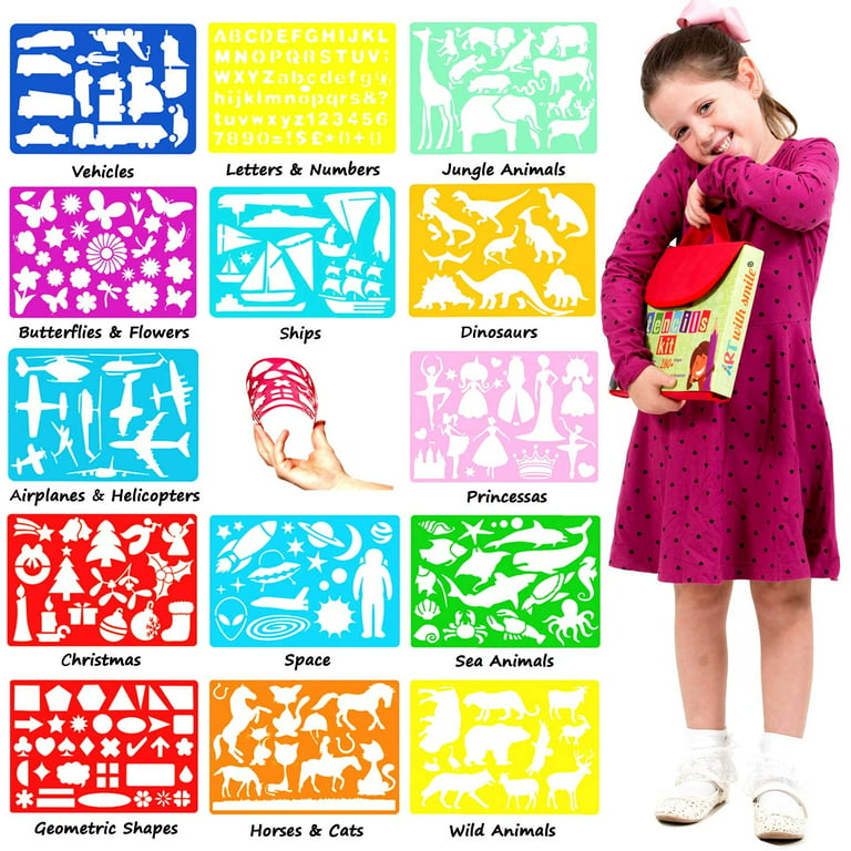 Drawing Stencils for Kids Kit & Carry Case – – Child-Safe, Non-Toxic  Stencil Set with 300 Shapes, Colored Pencils, Paper, Etc. – Travel Art  Supplies