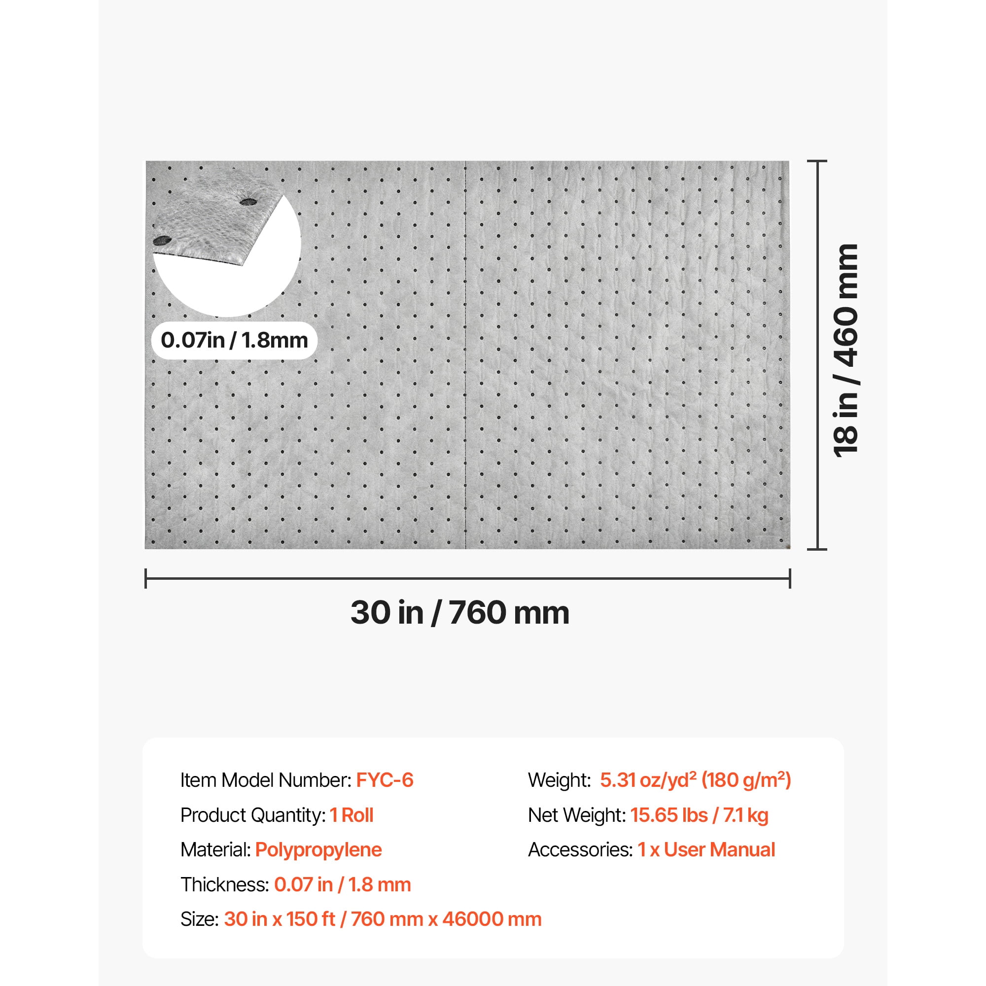 KFFKFF Oil & Water Absorbent Pads, 30 in x 150 ft Roll, Medium-Duty Spill Control Mats, Suitable for Gasoline, Engine Fluids, Oil, Water, Coolant, Durable Polypropylene Pads for Garage, Workshop.